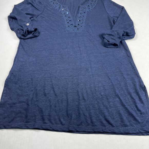 Chicos Linen Knit Tunic Top Navy Blue 3/4 Sleeve Embroidered Sequin Boho 0 SMALL - Picture 2 of 11
